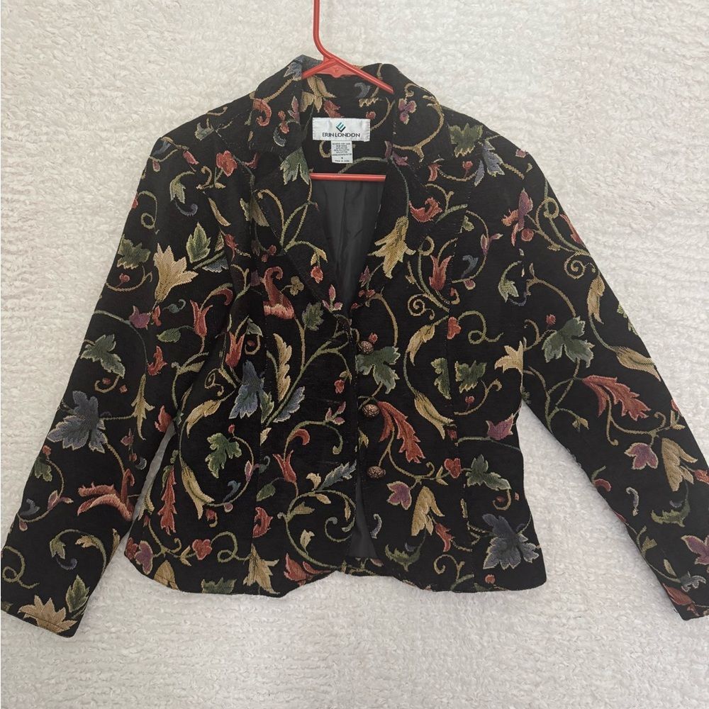 Vintage Erin London Women's Black Multicolor tapestry Floral Blazer jacket SMALL
